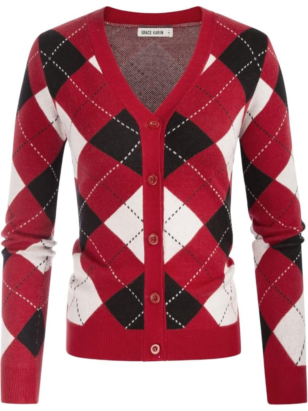 Women's Deep Red V neck Button Up Fall Argyle Knit wear Cardigan Sweaters
